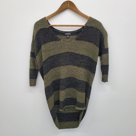 Womens XS Olive Black Striped Sweater Grungecore Knit Slouchy V-Neck Fall Top - Picture 3 of 15